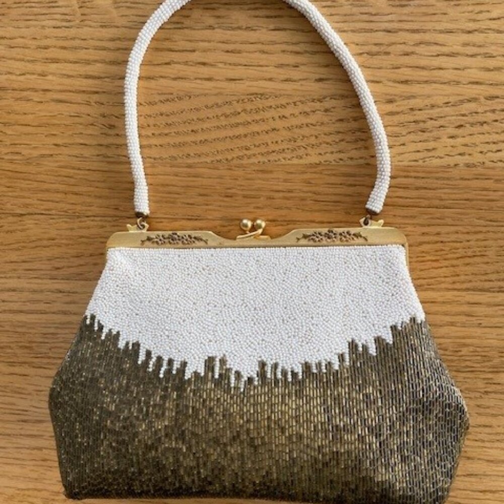 Vtg. BEADED EVENING BAG Gold & White Beads, Beaded Handle, Satin Lining HANDMADE